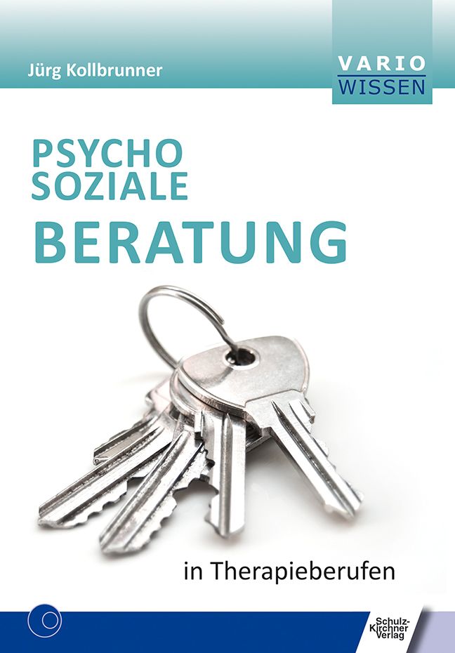 Buchcover: "Psychosoziale Beratung in Therapieberufen". Titel in Türkis. Schlüsselbund auf weißem Hintergrund.