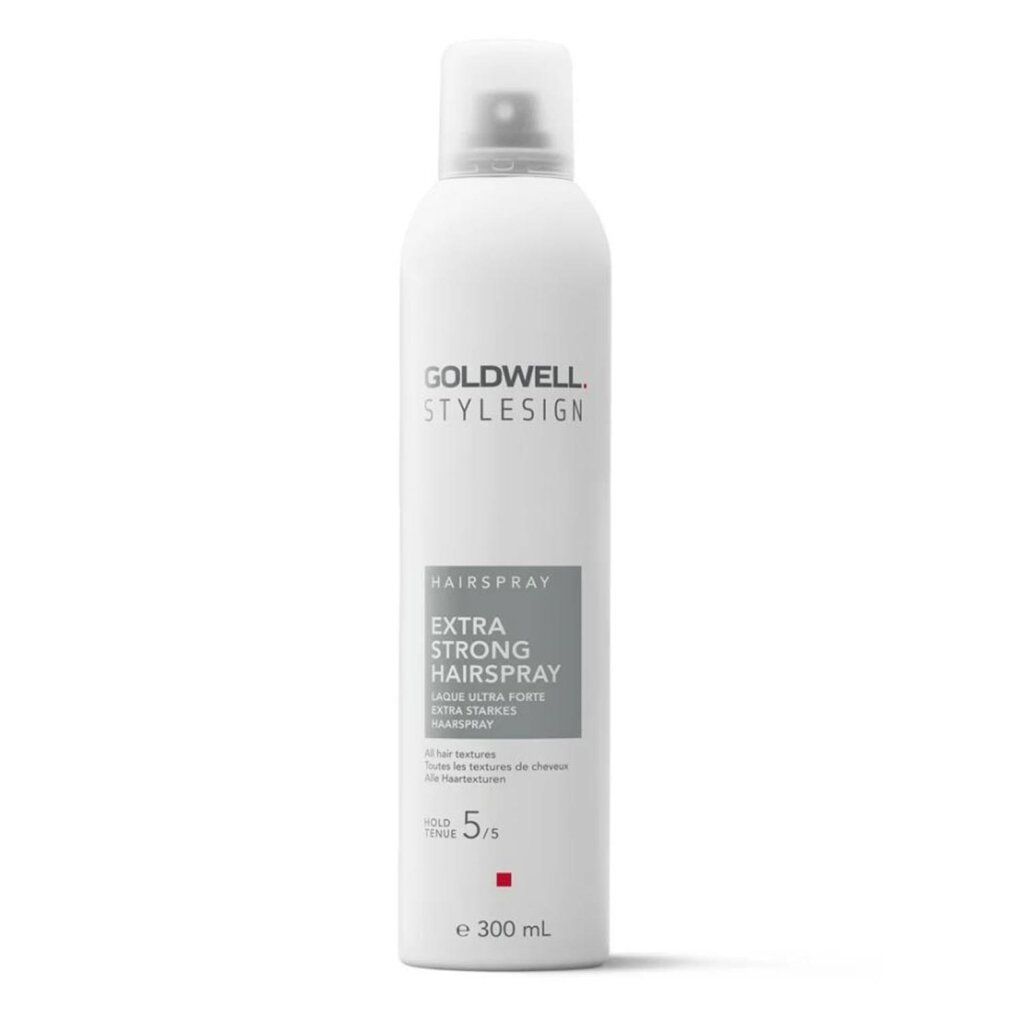 Goldwell Stylesign Haarspray. Weiße Sprühflasche mit grauem Etikett. Text: Extra Starkes Haarspray. 5/5. 300 ml.