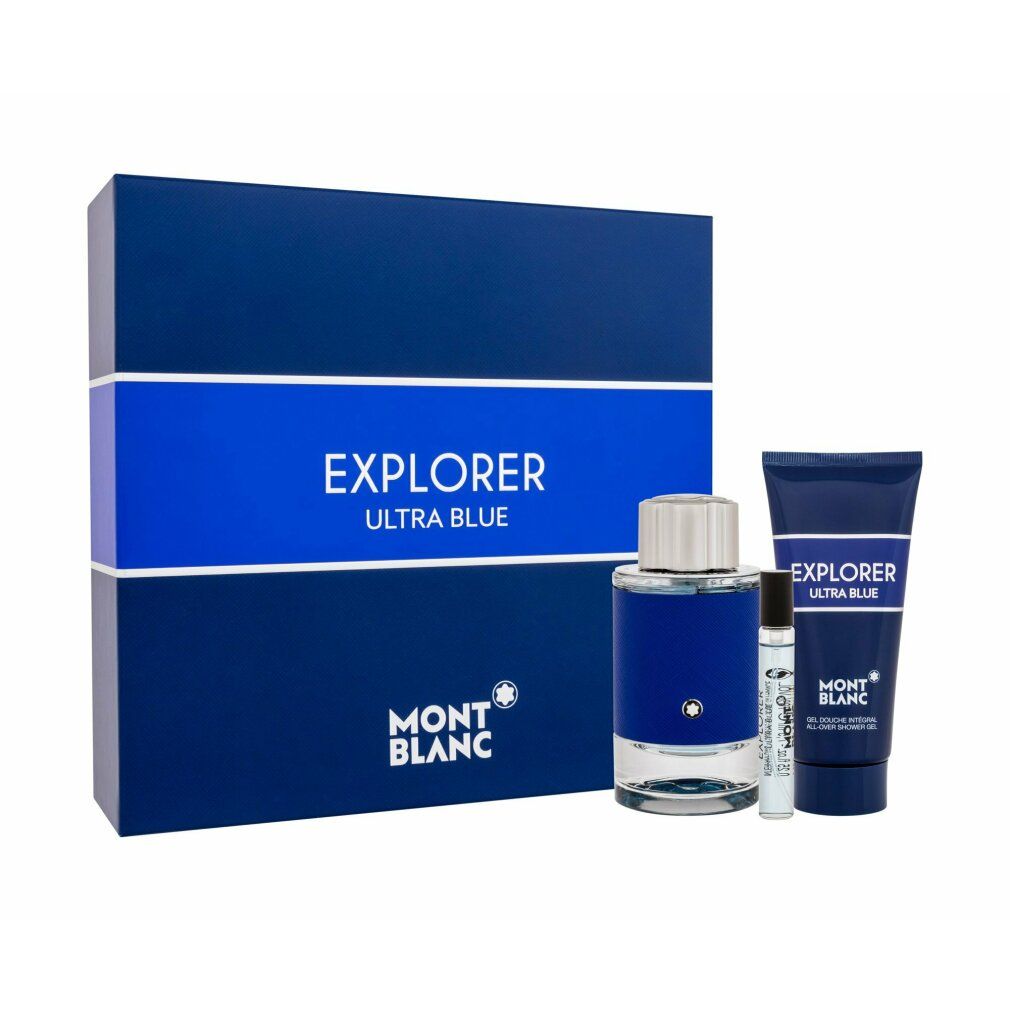 Geschenkset mit blauer Verpackung. Enthält Eau de Parfum, Duschgel und Probe. Markenname und Produktname sind sichtbar.