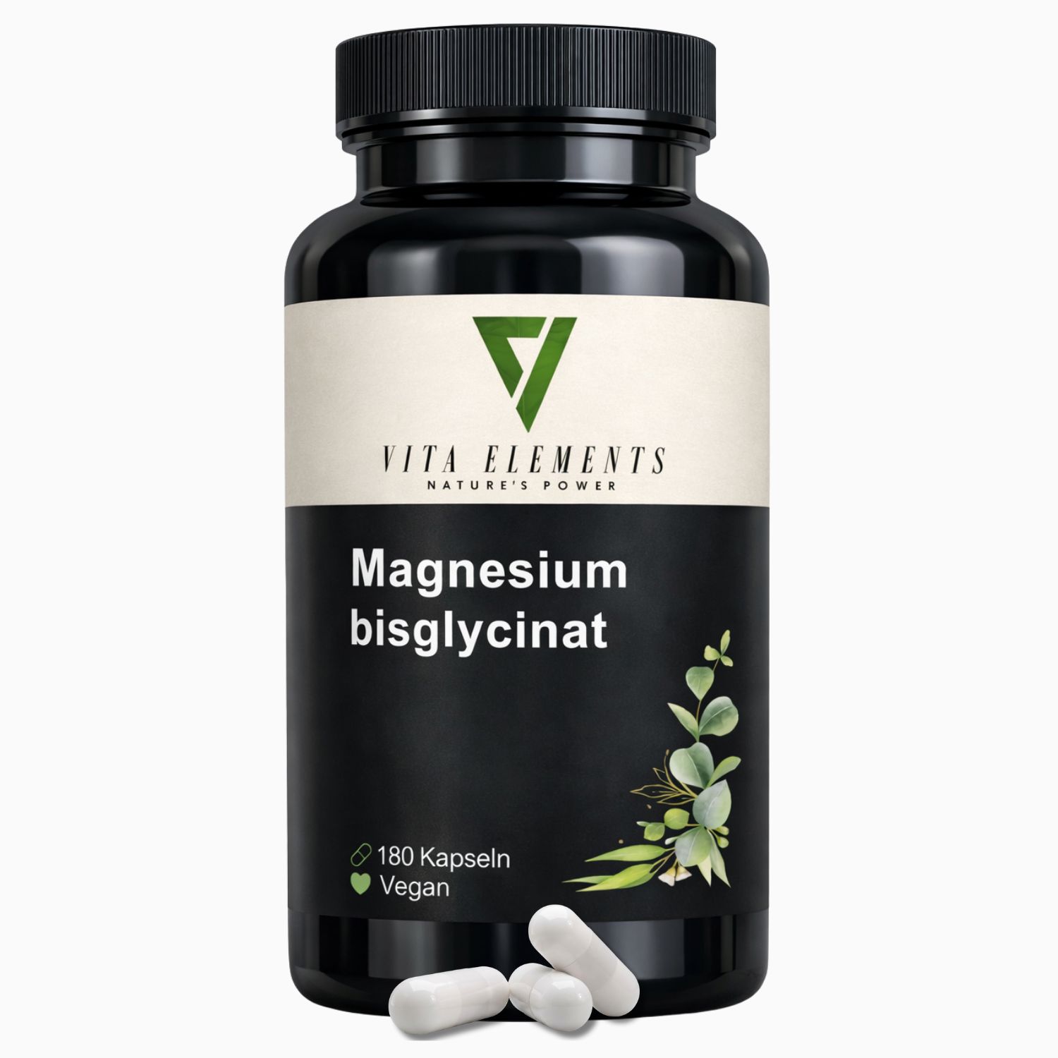 Schwarze Dose mit Vita Elements Magnesiumbisglycinat Kapseln, 180 Stück, vegan.