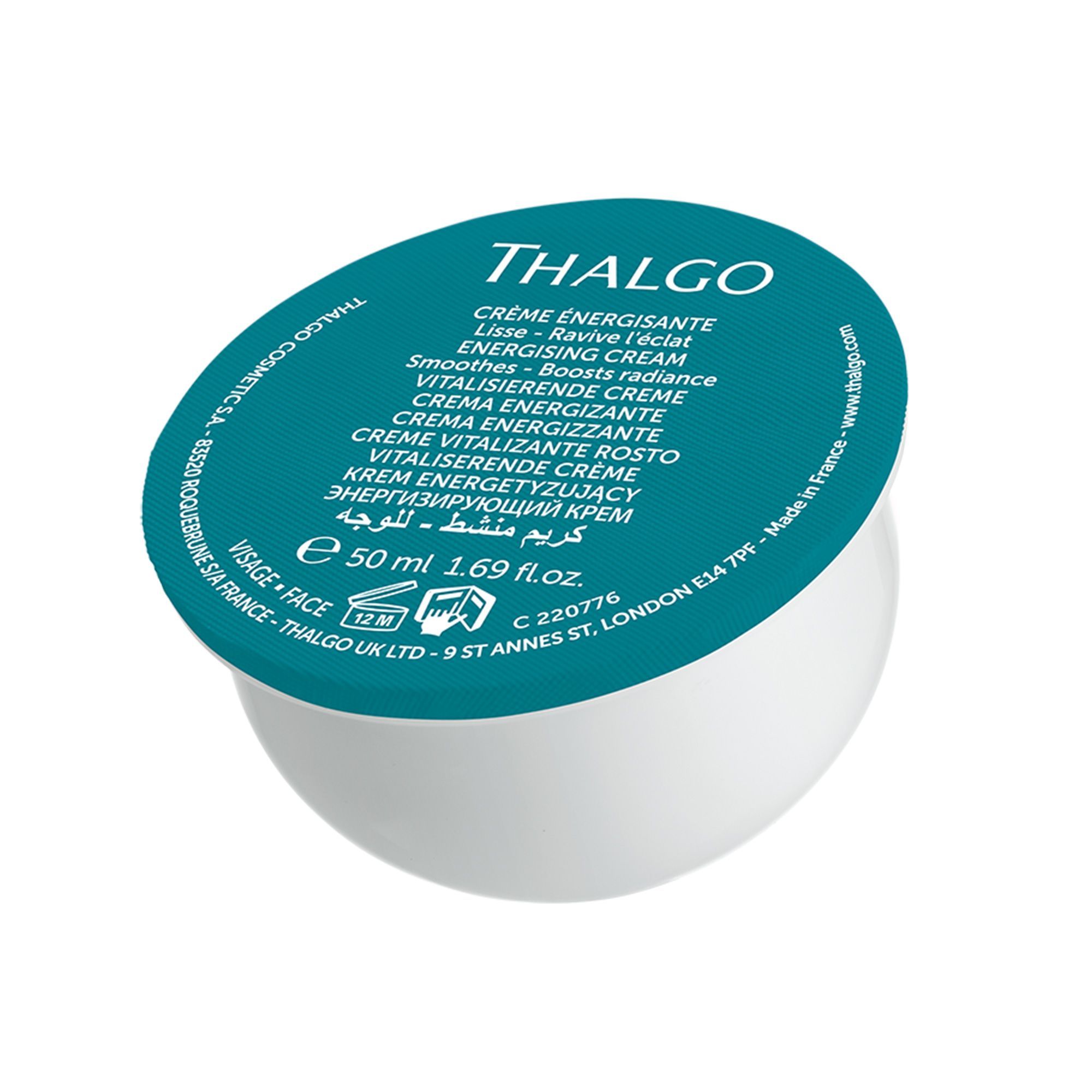 Runde, weiße Creme-Verpackung mit blauem Deckel. Aufschrift: THALGO, Creme Energisante, 50 ml.