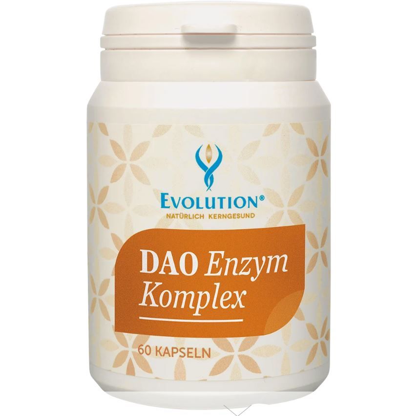 Beige Dose mit weißem Deckel. Aufschrift: Evolution, DAO Enzym Komplex, 60 Kapseln. Floralmuster.