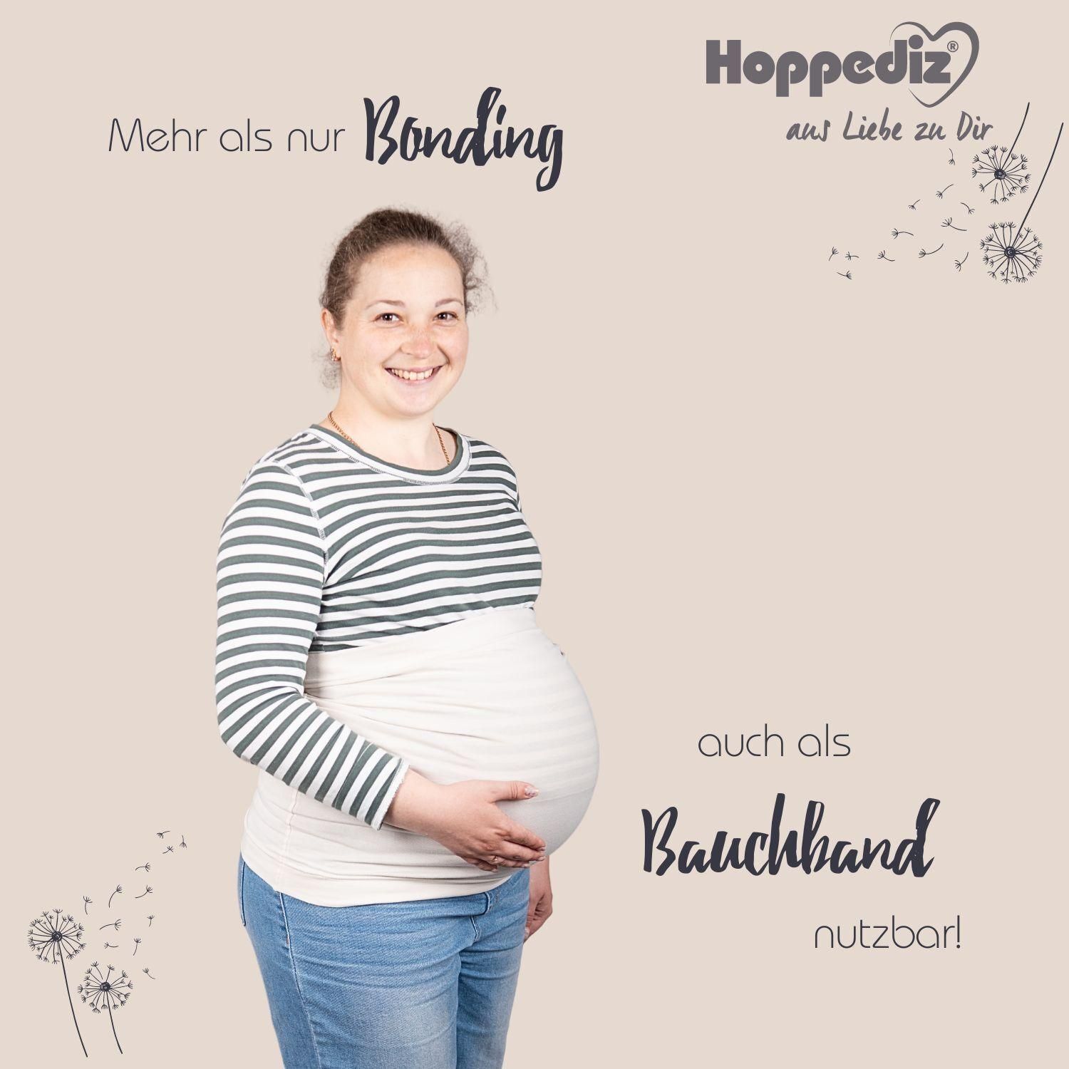 Frau mit Babybauch trägt ein BondingTop. Text: Mehr als nur Bonding, auch als Bauchband nutzbar! Hoppediz.
