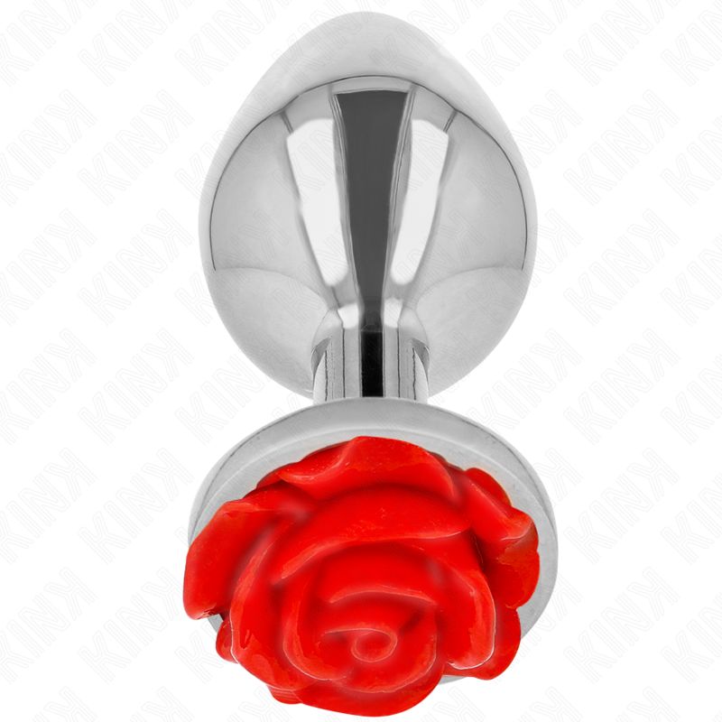 Analplug aus glänzendem Metall mit einem roten Rosen-Dekor am Sockel.