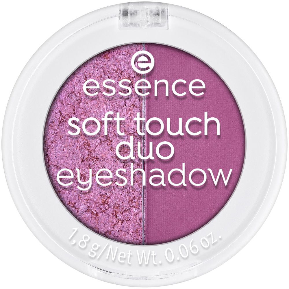 Runder Lidschatten-Duo-Behälter. Weiß mit rosa und lila Farbtönen. Text: essence soft touch duo eyeshadow.