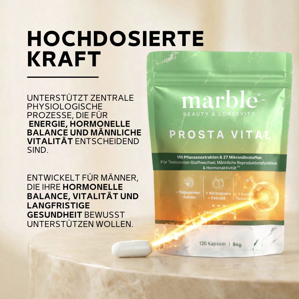 Grüner Beutel mit Kapsel. Text: marble Prosta Vital. Hochdosierte Kraft. Unterstützt Prozesse für Energie, Hormone und männliche Vitalität. 120 Kapseln.