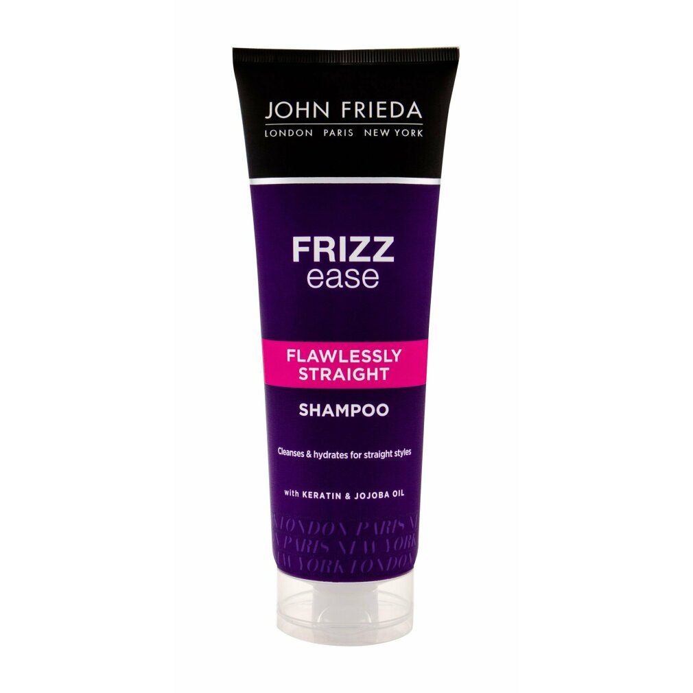 Violette Tube mit schwarzem Deckel. Schriftzug: John Frieda, Frizz Ease, Flawlessly Straight Shampoo. Enthält Keratin & Jojobaöl.