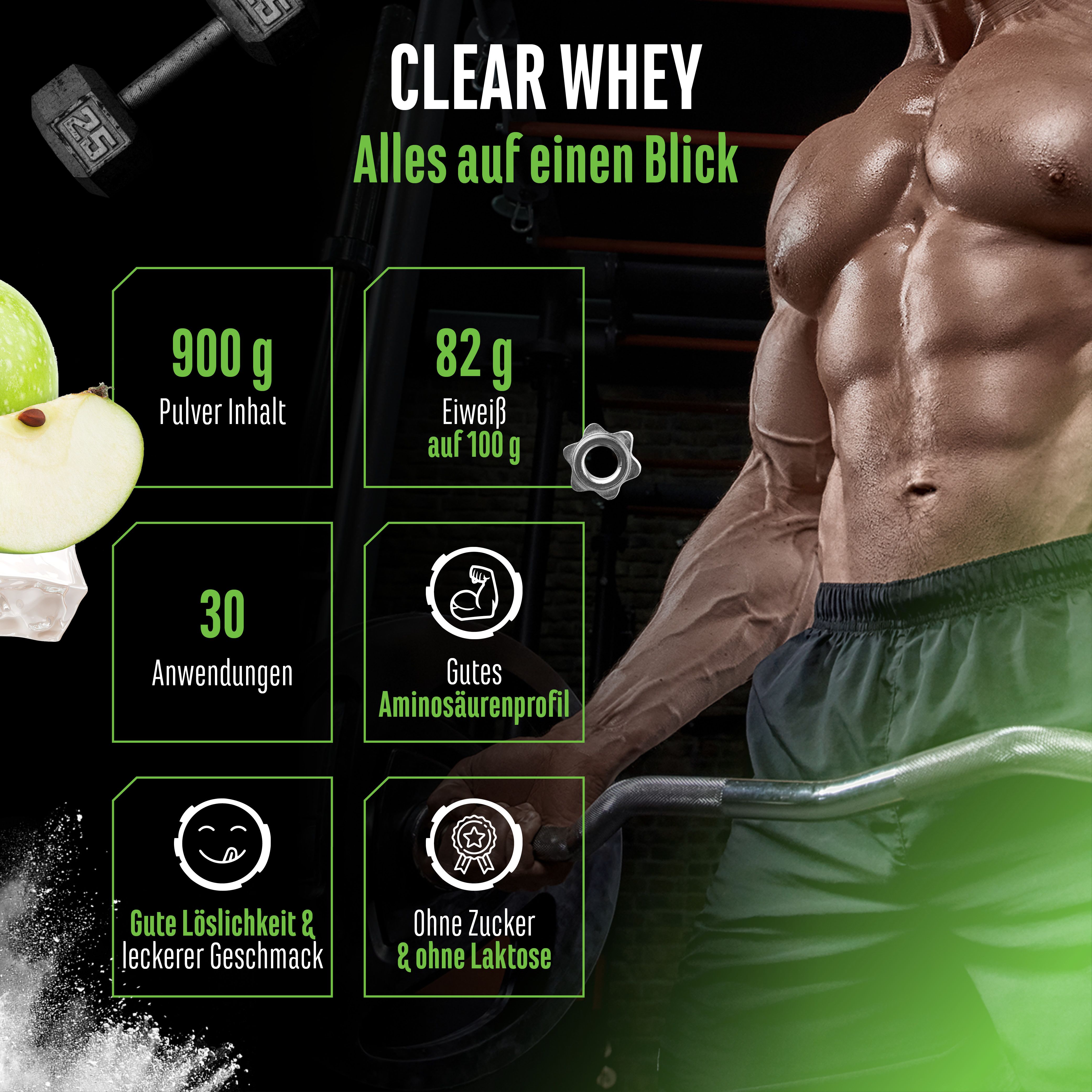 Werbebild für Clear Whey Protein. Informationen zu 900g Pulver, 82g Eiweiß pro 100g, 30 Anwendungen, Aminosäurenprofil, Geschmack.