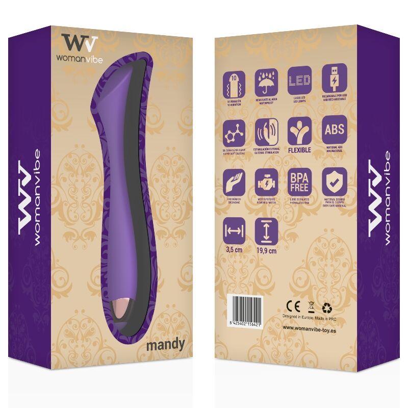 Produktverpackung. Lila Vibrator in der Box. Auf der Box: Marke Womanvibe, Produktname Mandy, Produktmerkmale und Zertifizierungen.