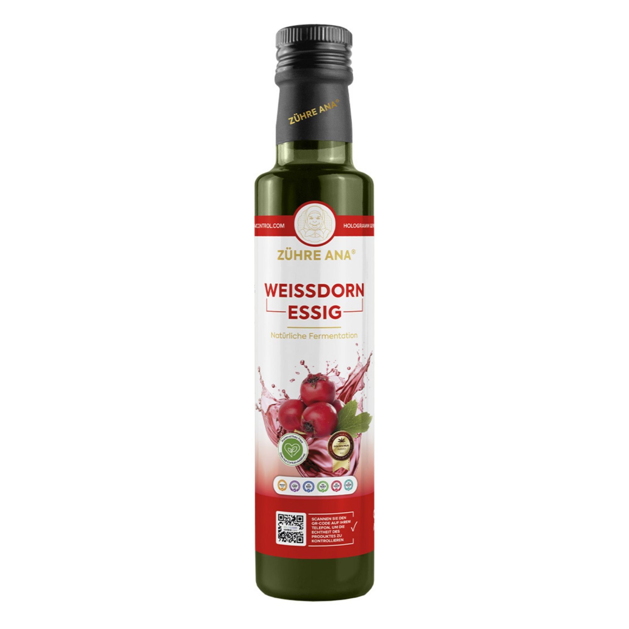 Flasche Zühre Ana Weißdorn Essig mit rotem Etikett und Abbildung von Weißdornbeeren.