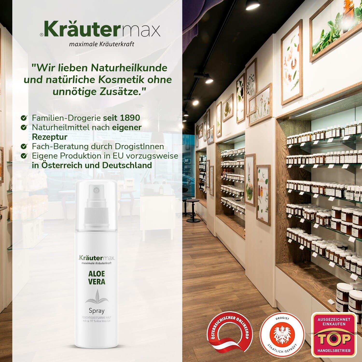 Aloe Vera Spray in einem Geschäft. Text: Aloe Vera. Im Hintergrund Regale mit Produkten. Logos: Zertifizierungen, Auszeichnungen.