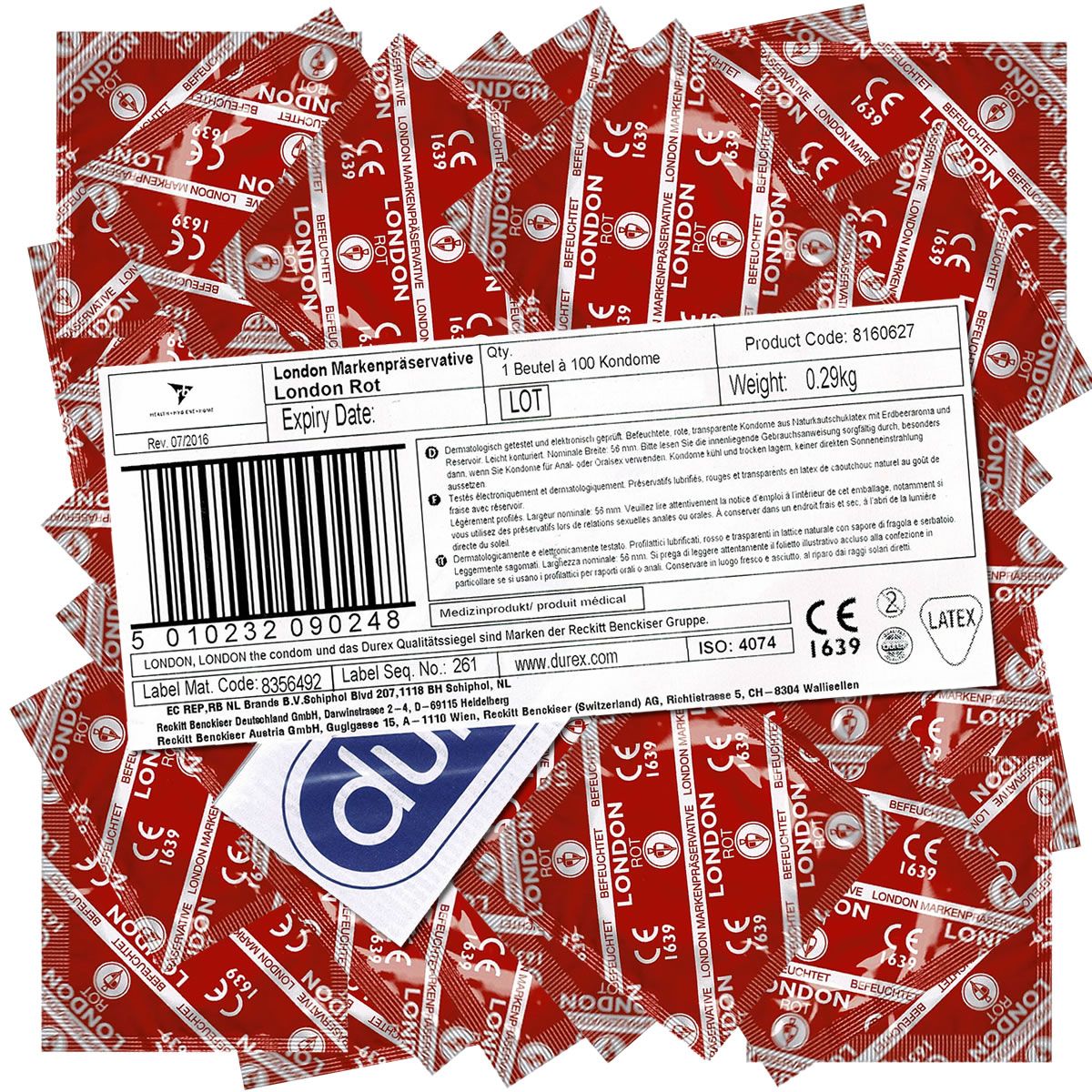Kondome mit roter Verpackung. Etikett mit Produktinformationen, Barcode und Durex-Logo. Text: London Rot.