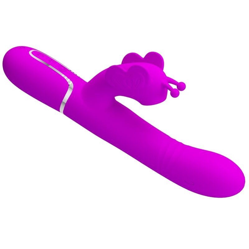 Lila Vibrator mit Hasenohren und zwei Kugeln am Kopf. Glatter Schaft mit silbernem Ring am Griff.