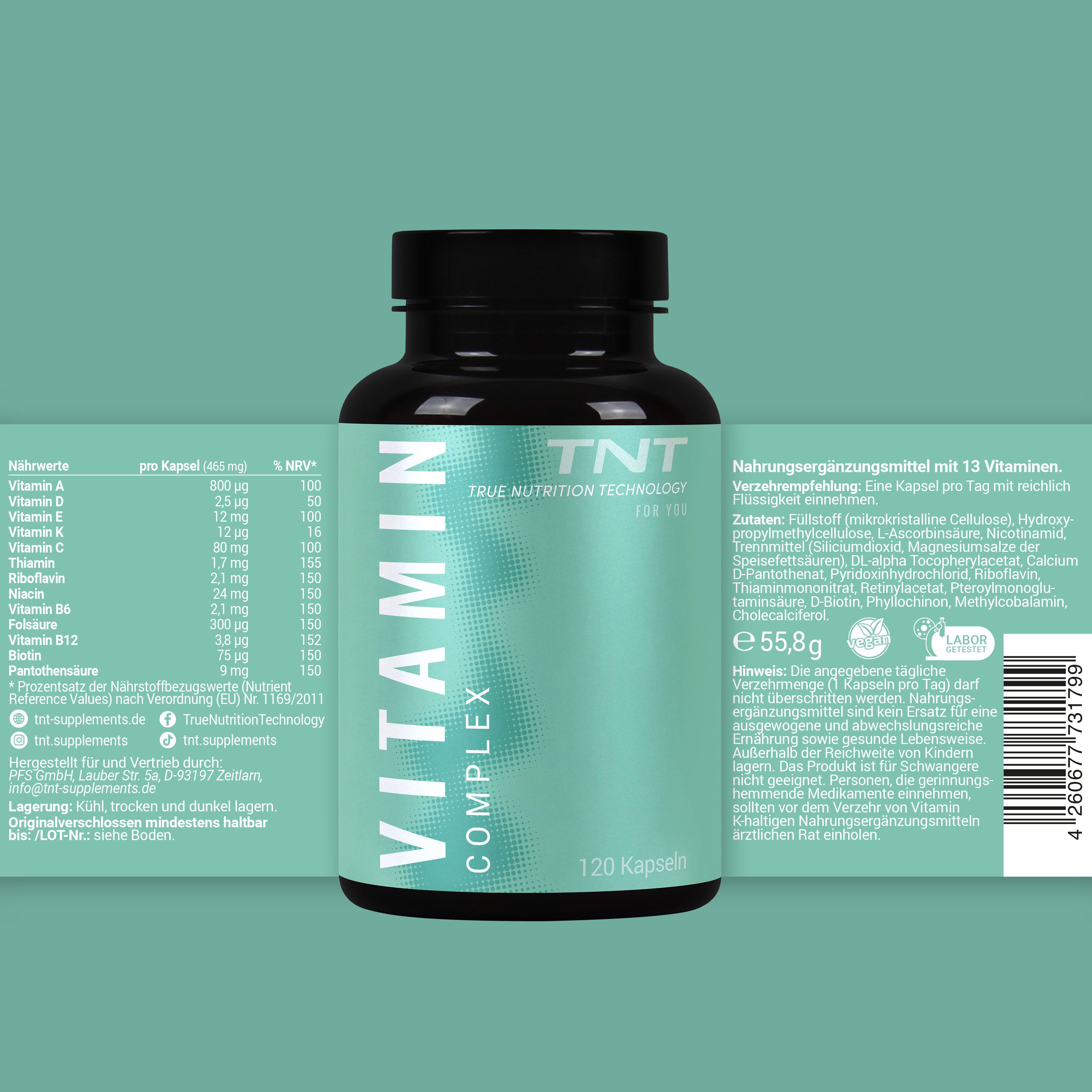 Grüne Flasche mit schwarzem Deckel. Aufschrift: Vitamin Complex. Enthält 120 Kapseln. Nährwertangaben auf der Rückseite.