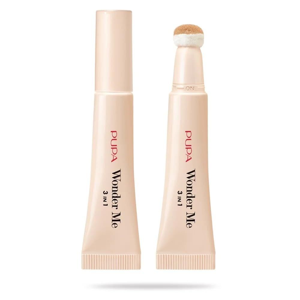 Zwei Pupa Wonder Me 3in1 Fluid-Applikatoren in Beige. Einer mit Kappe, der andere mit Schwammspitze.