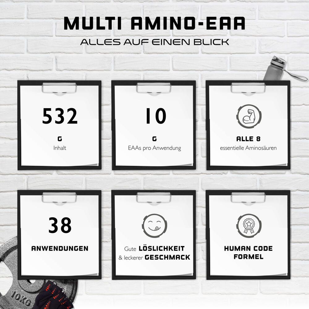 Infografik mit Produktinformationen. 532g Inhalt, 10g EAAs pro Anwendung, 38 Anwendungen. Human Code Formel.