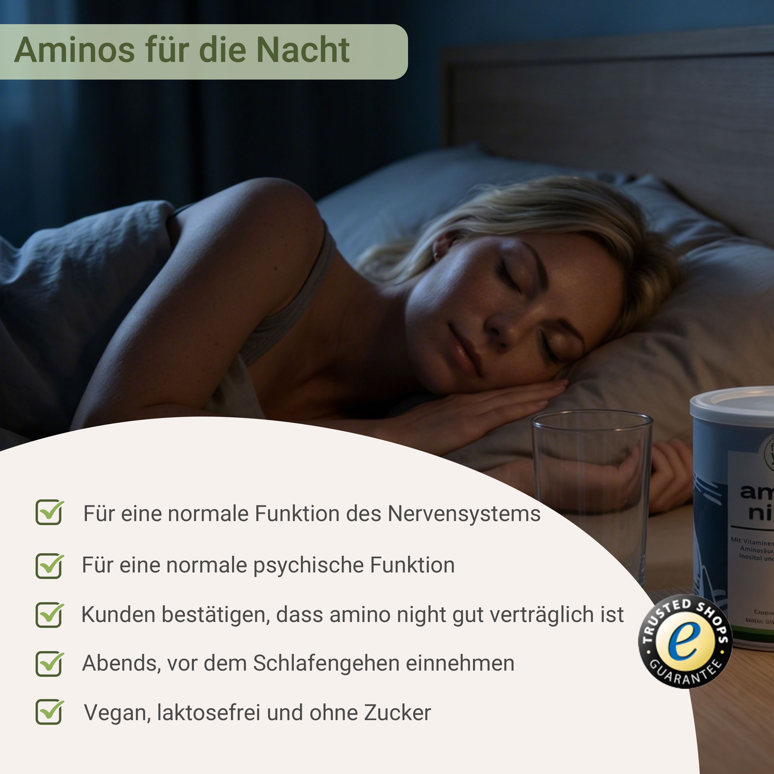Frau schläft im Bett. Dose mit Produkt neben dem Bett. Text: Für Nervensystem, psychische Funktion. Vegan, laktosefrei, zuckerfrei.