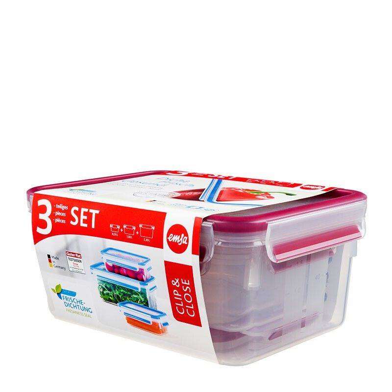 Verpackung des EMSA Frischhaltedosen-Sets. Enthält drei Dosen, Produktname und Logo. Roter Deckel.