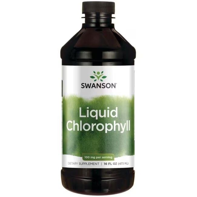 Braune Flasche mit schwarzem Deckel. Etikett mit "SWANSON", "Liquid Chlorophyll" und grüner Grafik. 16 FL OZ (473 ml).