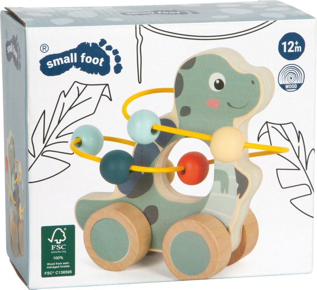 Verpackung des Holz-Dinos mit Motorikschleife. Logo 'small foot'. FSC-Zertifizierung. Altersempfehlung 12m+.