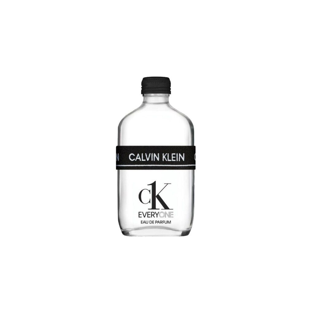 Klarer Flakon mit schwarzem Verschluss und Band mit "CALVIN KLEIN" Schriftzug. "ck EVERYONE" und "EAU DE PARFUM" darunter.