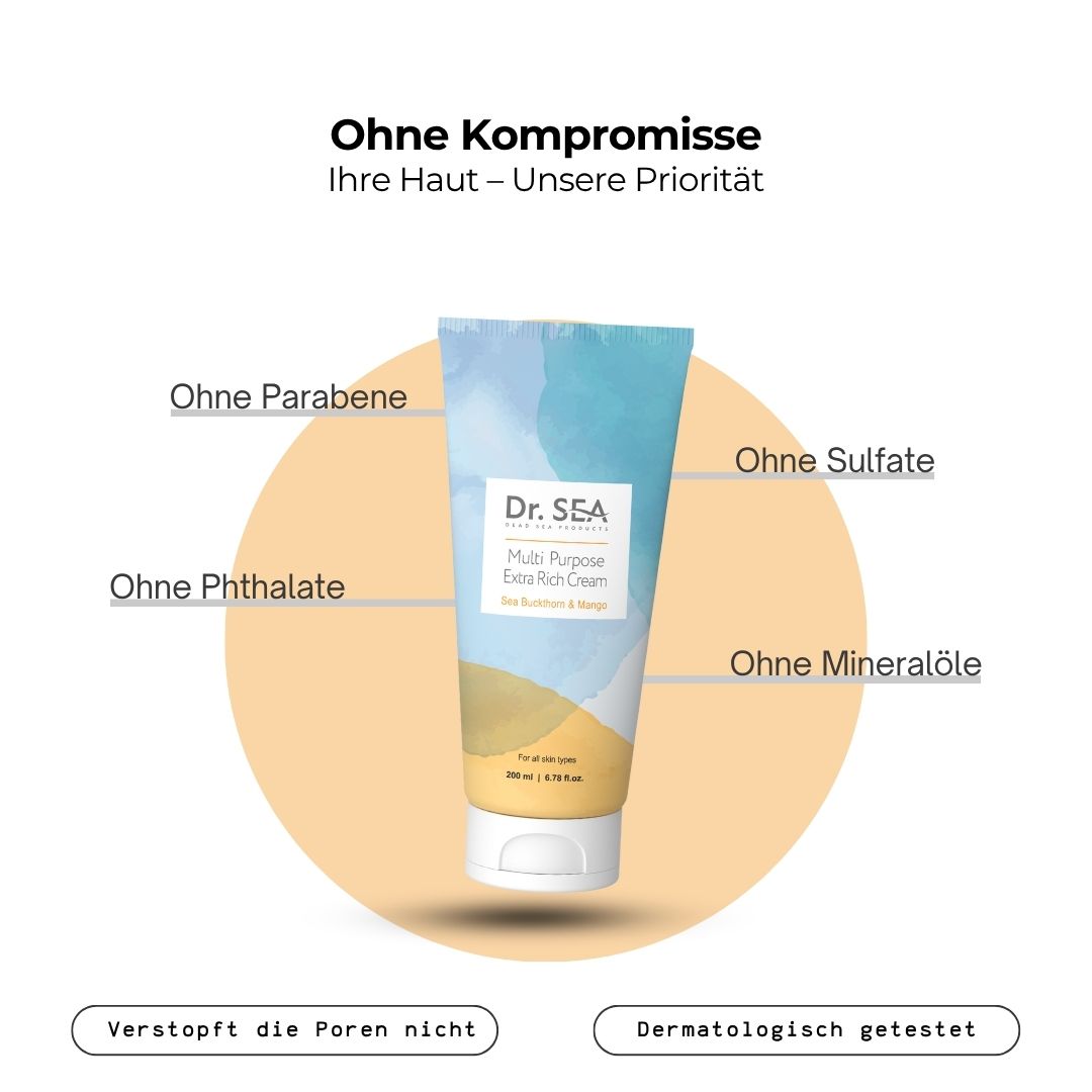 Tube DR. SEA Multi Purpose Extra Rich Cream, Mango. Text: Ohne Parabene, Sulfate, Phthalate, Mineralöle. Dermatologisch getest.