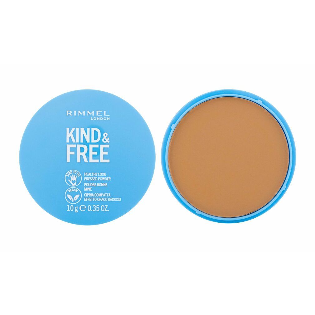 Runde, blaue Puderdose mit hellbraunem Puder. Aufschrift: Rimmel London Kind & Free. Vegan-Logo.