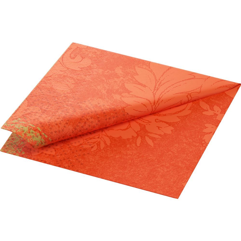 Orangefarbene Papierserviette mit floralem Muster, gefaltet. Die Serviette ist aus mehreren Lagen gefertigt.