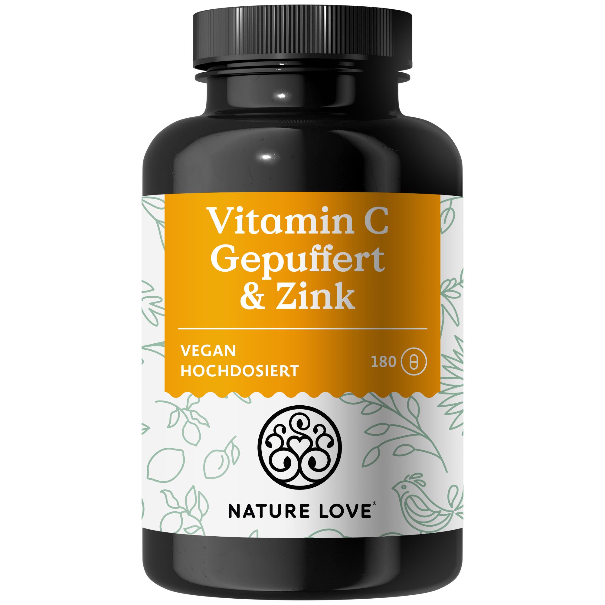 Braune Flasche mit Vitamin C & Zink. Aufschrift: NATURE LOVE®. Vegan, hochdosiert. 180 Kapseln. Logo: NATURE LOVE®.