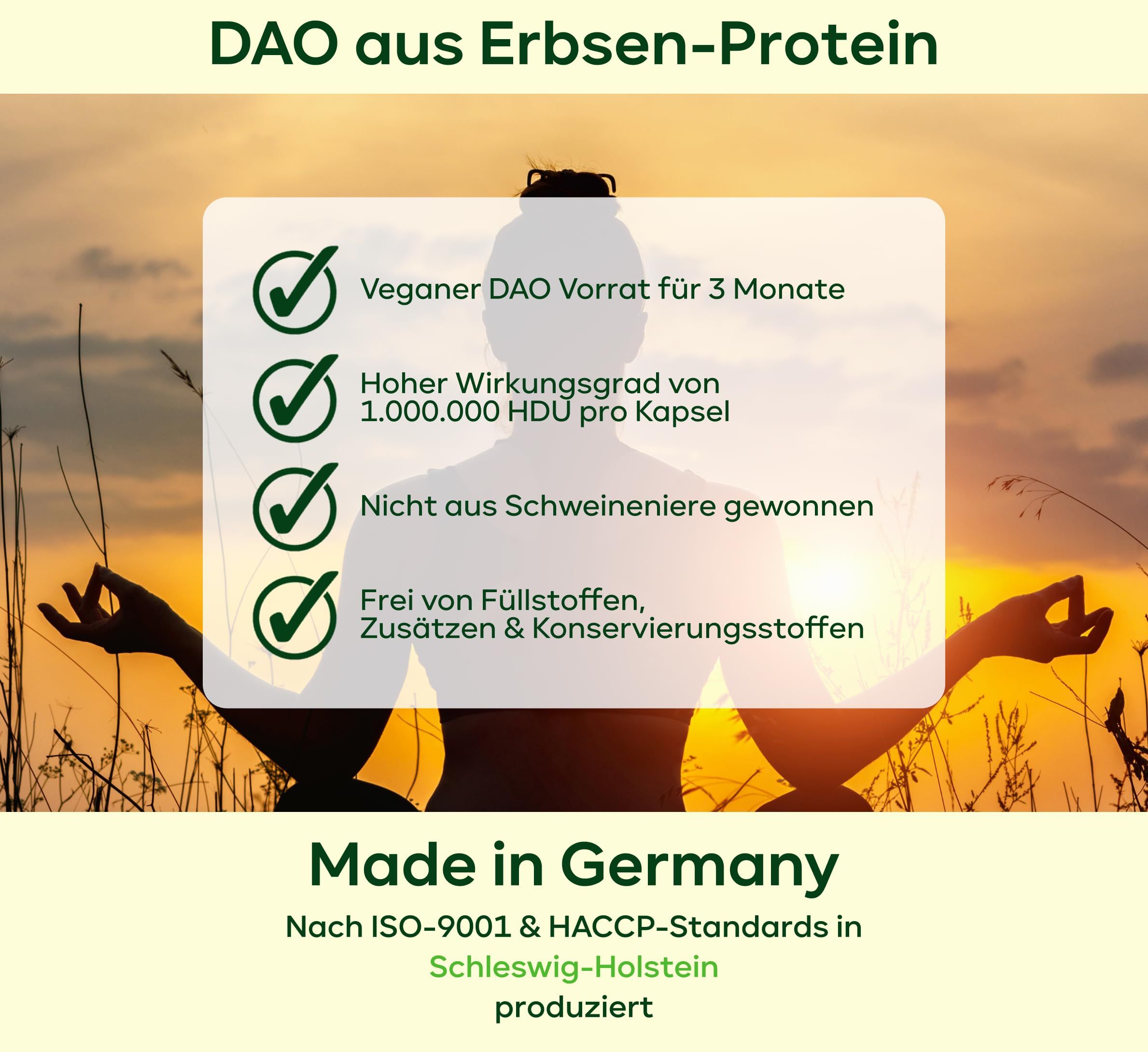 Text auf grünem Hintergrund: Veganer DAO Vorrat, hoher Wirkungsgrad, nicht aus Schweinenieren, frei von Füllstoffen. Made in Germany. ISO-9001 & HACCP.