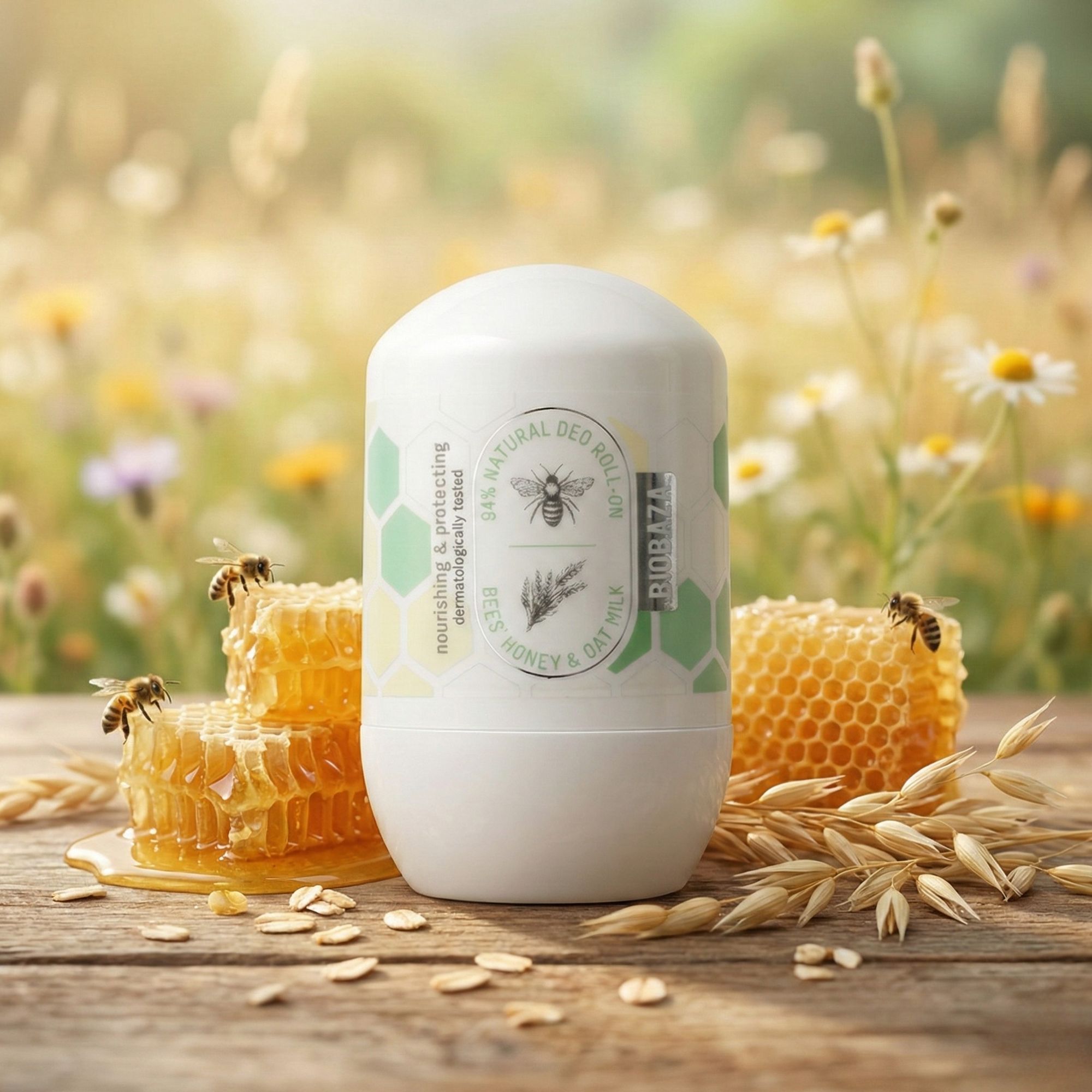 Weißes Deodorant mit Etikett, daneben Honigwaben, Hafer und Bienen. Auf einem Holzbrett platziert.