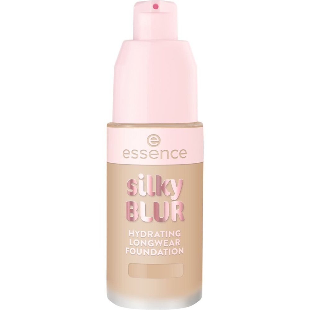 Foundation-Flakon mit rosa Pumpkopf. Aufschrift: Silky Blur, Hydrating Longwear Foundation. Marke: Essence.
