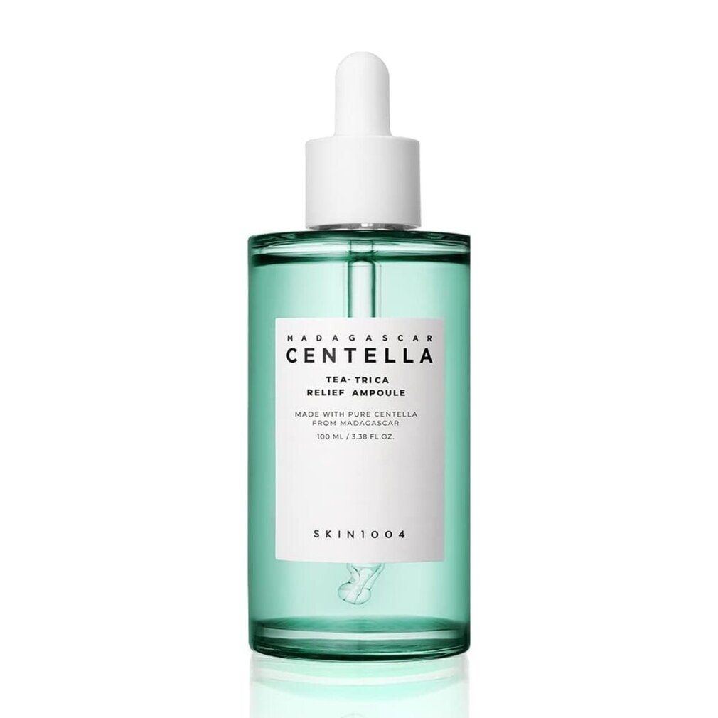 Grüne Glasflasche mit Pipette, SKIN1004 Centella Tea-Trica Relief Ampoule, 100ml.