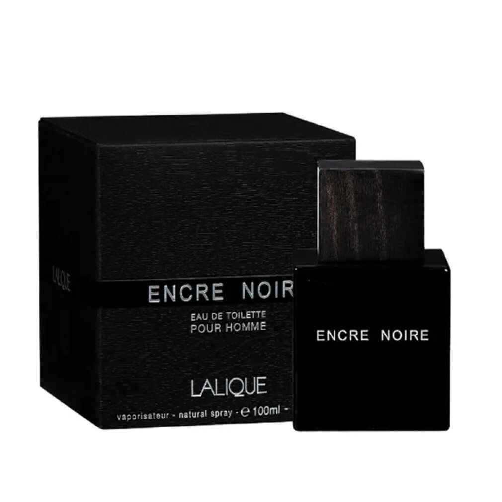 Schwarzer Flakon mit Holzdeckel und schwarzer Verpackung. Aufschrift: Encre Noire, Lalique. Eau de Toilette Pour Homme.