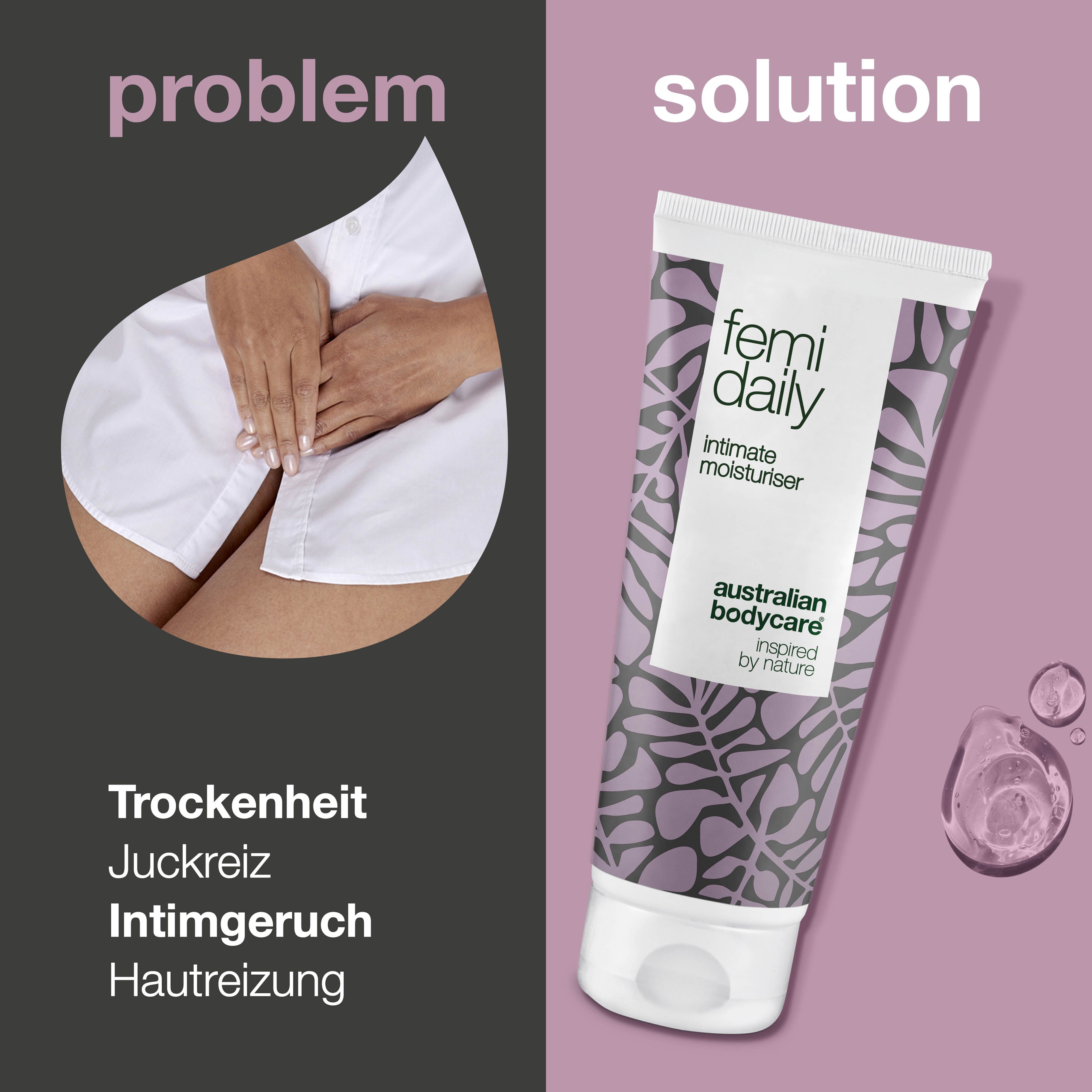 Femi Daily Intim-Feuchtigkeitspflege. Problem-Lösung-Konzept. Text: Trockenheit, Juckreiz.