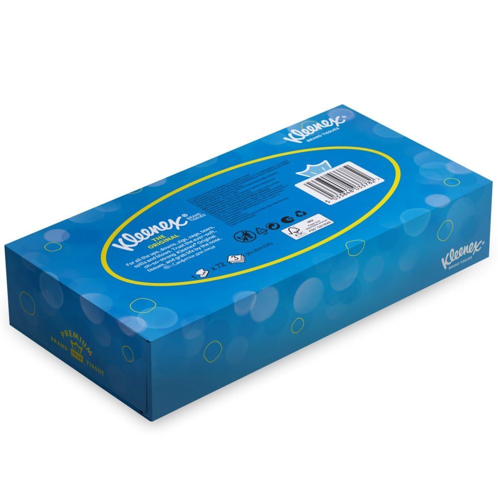 Blau-weißes Kleenex® Kosmetiktücher-Paket. Gelber Schriftzug "Kleenex Original". FSC-Logo. Rechteckige Form.