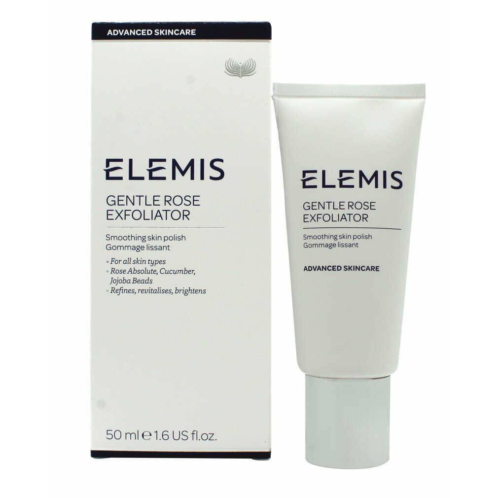 Produktverpackung und Tube. Aufschrift: Elemis, Gentle Rose Exfoliator. Text: Smoothing skin polish, Gommage lissant. 50 ml.