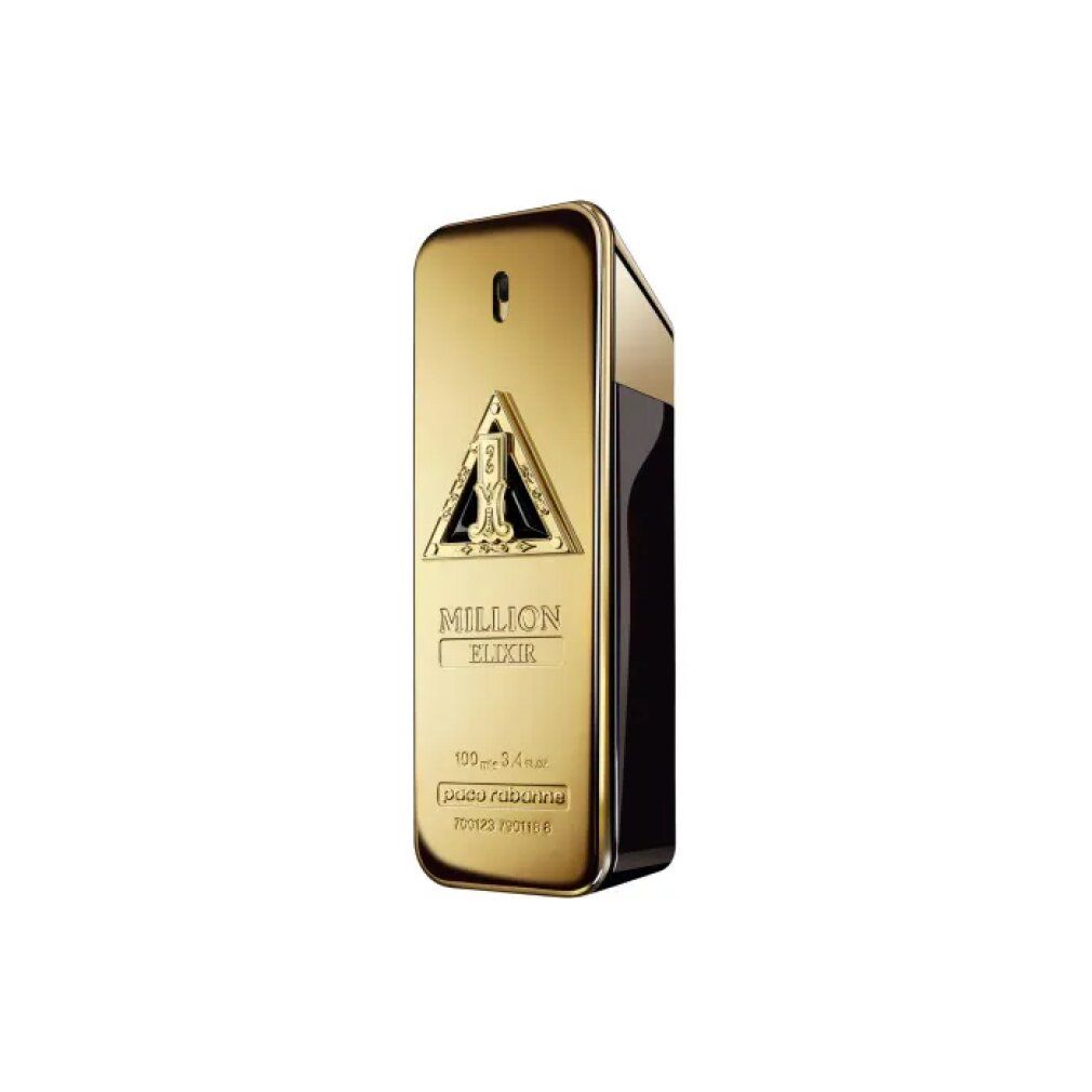 Goldfarbener Flakon mit schwarzem Akzent. Aufschrift "Million Elixir".