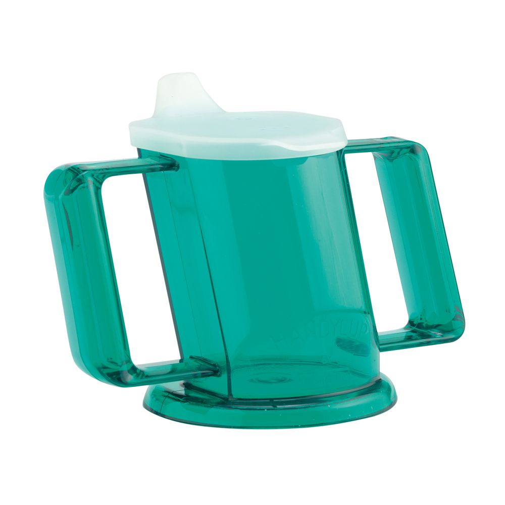 Türkisfarbener Trinkbecher mit zwei Griffen und Deckel. Sichtbare Schrift: Handycup.