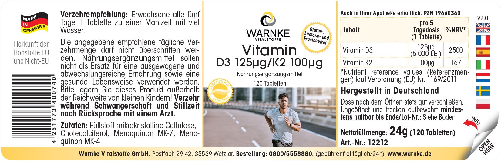 Etikett einer Pillenpackung mit Aufschrift: Warnke Vitalstoffe Vitamin D3 125µg/K2 100µg. Enthält Informationen zu Inhaltsstoffen und Dosierung.