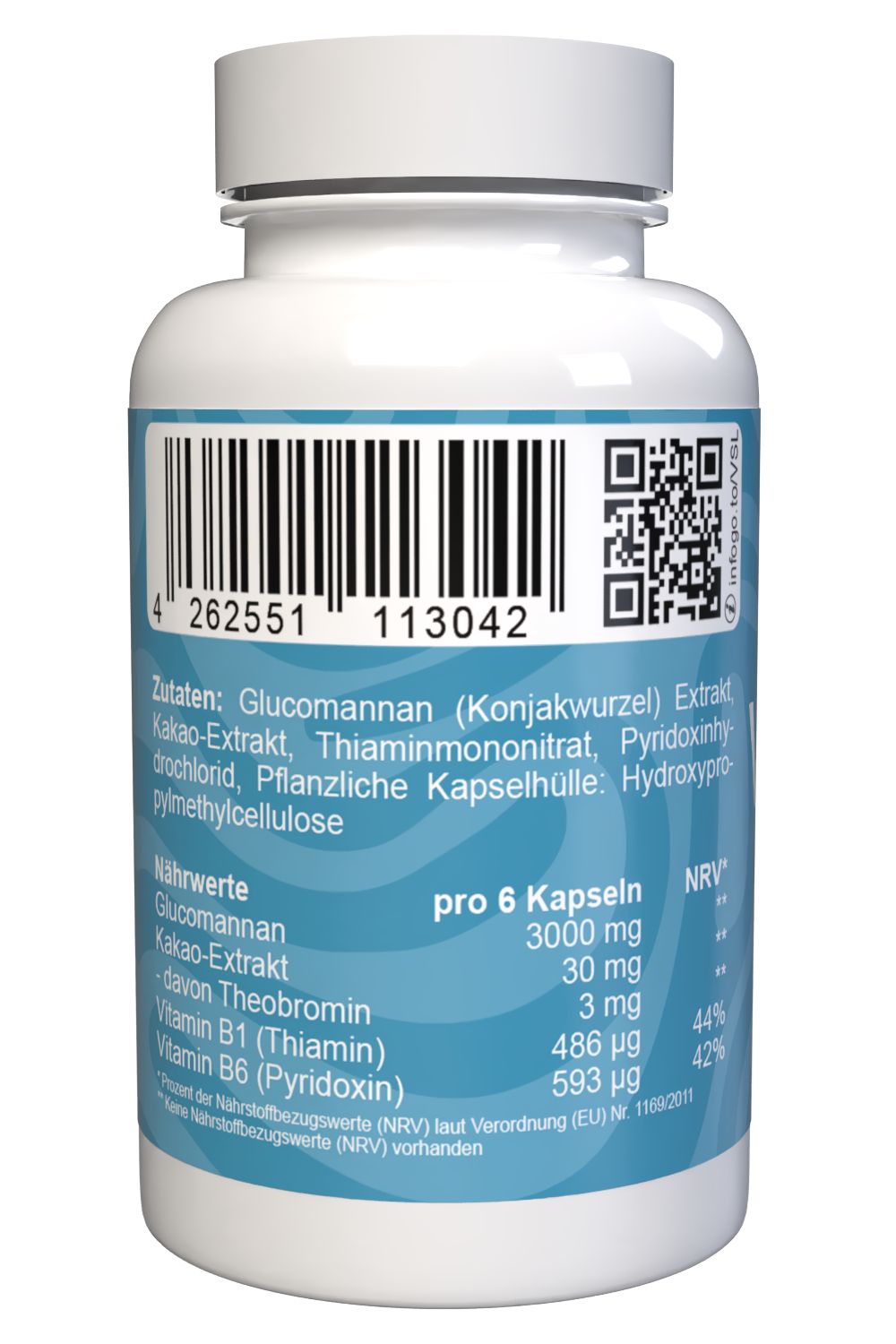 Rückseite einer weißen Kapsel-Flasche mit Einnahmeempfehlung und Nettofüllmenge.