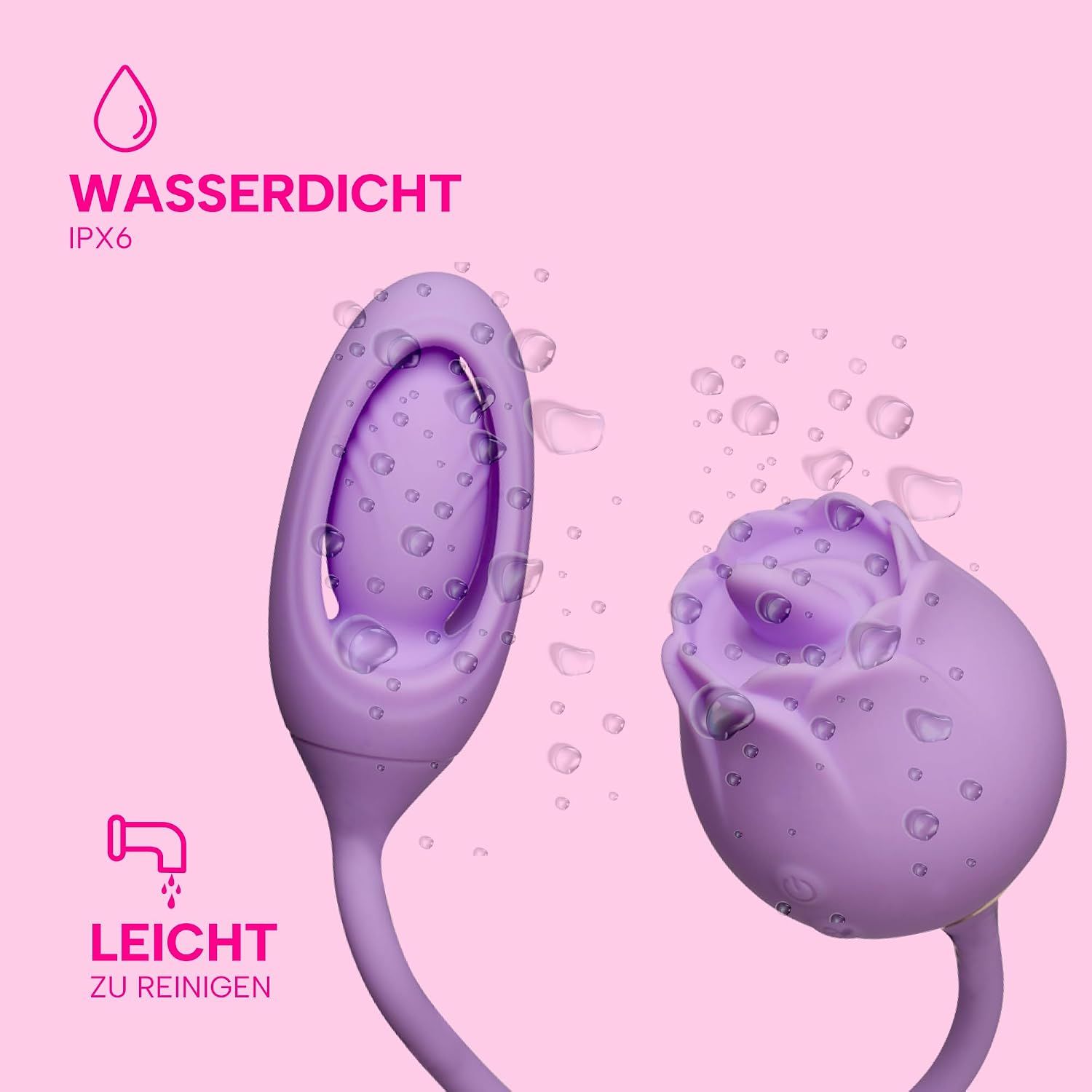 Lila Vibrator in Rosenform, wasserdicht (IPX6) und leicht zu reinigen.