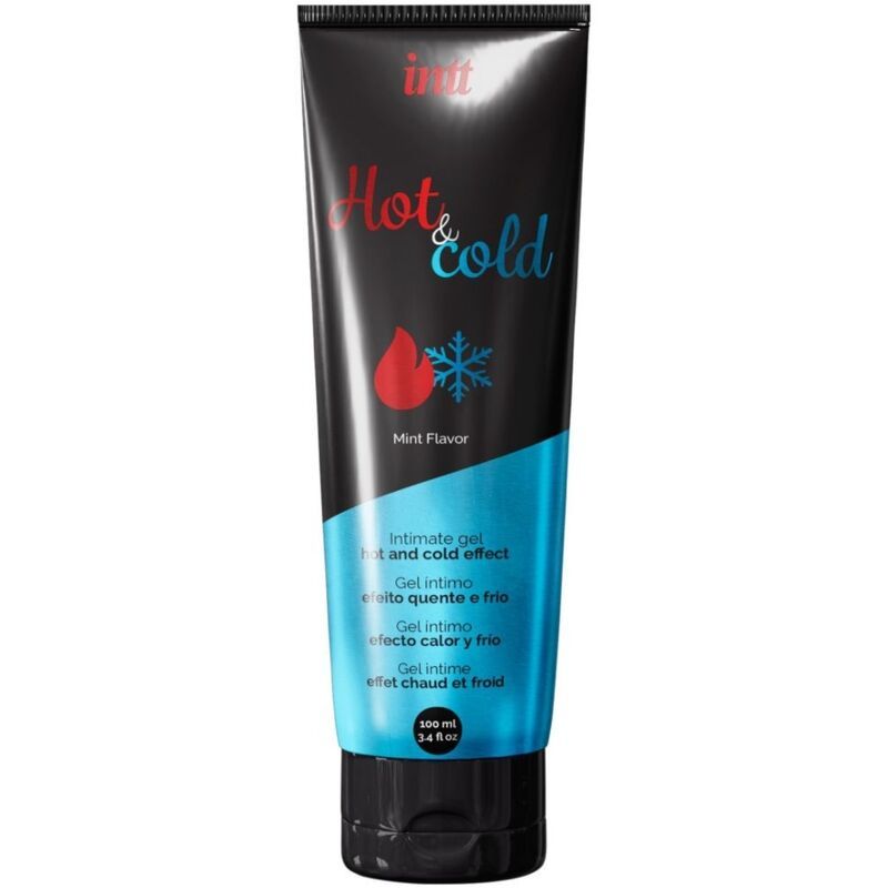 Schwarze Tube mit blau-roter Grafik. Schriftzug "Hot & Cold", "Mint Flavor". Intimgel-Bezeichnung in mehreren Sprachen.