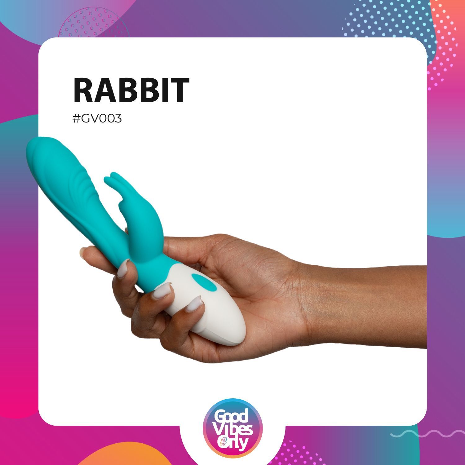 Türkis-weißes Wellness-Produkt in Hand gehalten. Aufschrift: RABBIT, #GV003, Good Vibes Only.