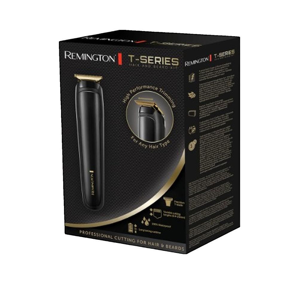 Schwarzer Bartschneider in der Verpackung. Auf der Verpackung steht "Remington T-Series".