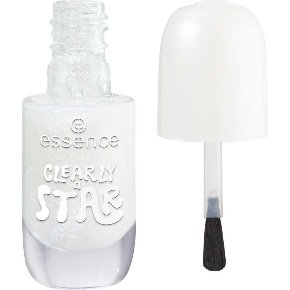 Nagellackflasche mit weißem Deckel und Pinsel. Aufschrift "essence CLEARLY STAR".