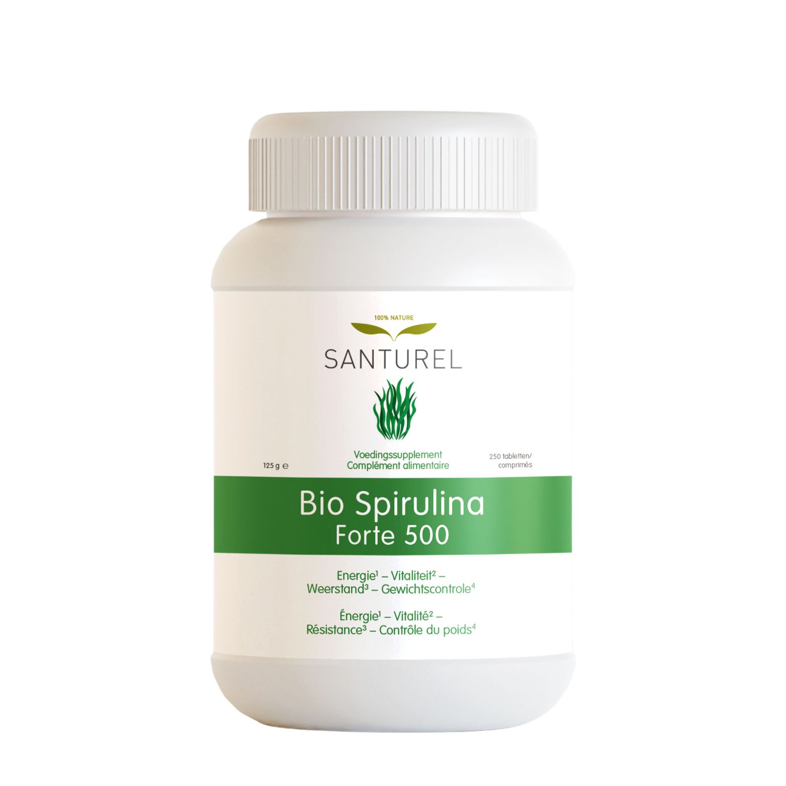 Weiße Flasche mit grünem Etikett. Aufschrift: SANTUREL, Bio Spirulina Forte 500. Enthält 250 Tabletten. Nahrungsergänzungsmittel.