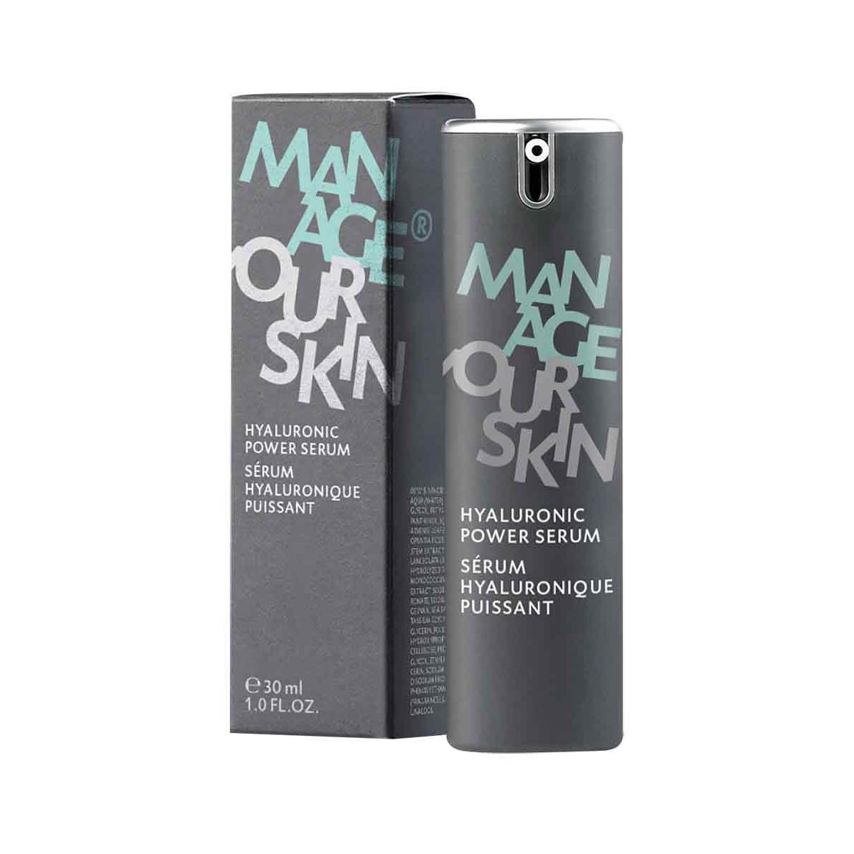 Graue Flasche und Schachtel mit Text. Auf der Flasche steht "MANAGE OUR SKIN HYALURONIC POWER SERUM". Auf der Schachtel steht "Sérum Hyaluronique Puissant".