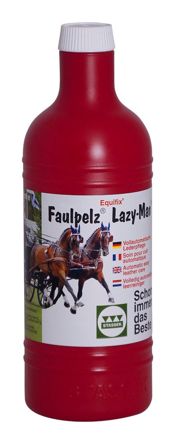Rote Flasche mit Etikett. Text: Equifix Faulpelz Lazy-Man.