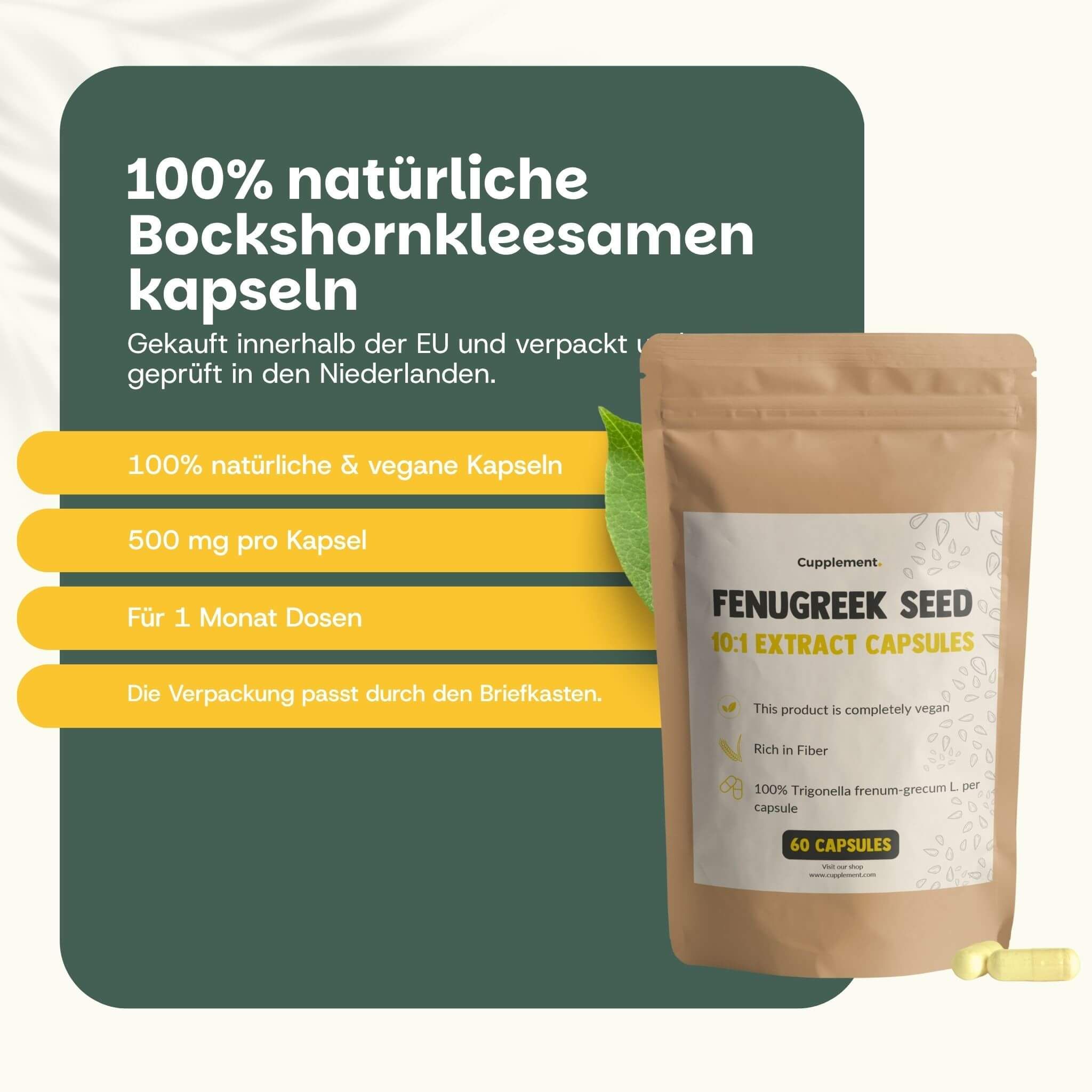 Beutel mit Kapseln. Text: 100% natürliche Bockshornkleesamenkapseln. 500 mg pro Kapsel. 60 Kapseln.
